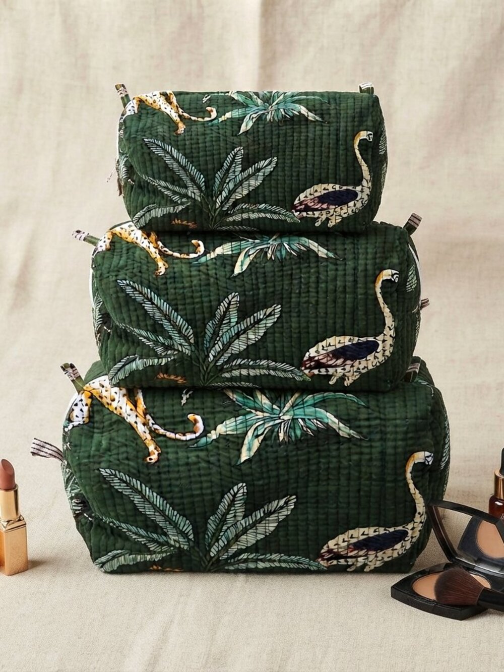 Set Of 3 Block Print Toiletry Bags, Cotton Makeup Bag, Cosmetic Bag Set Gift
